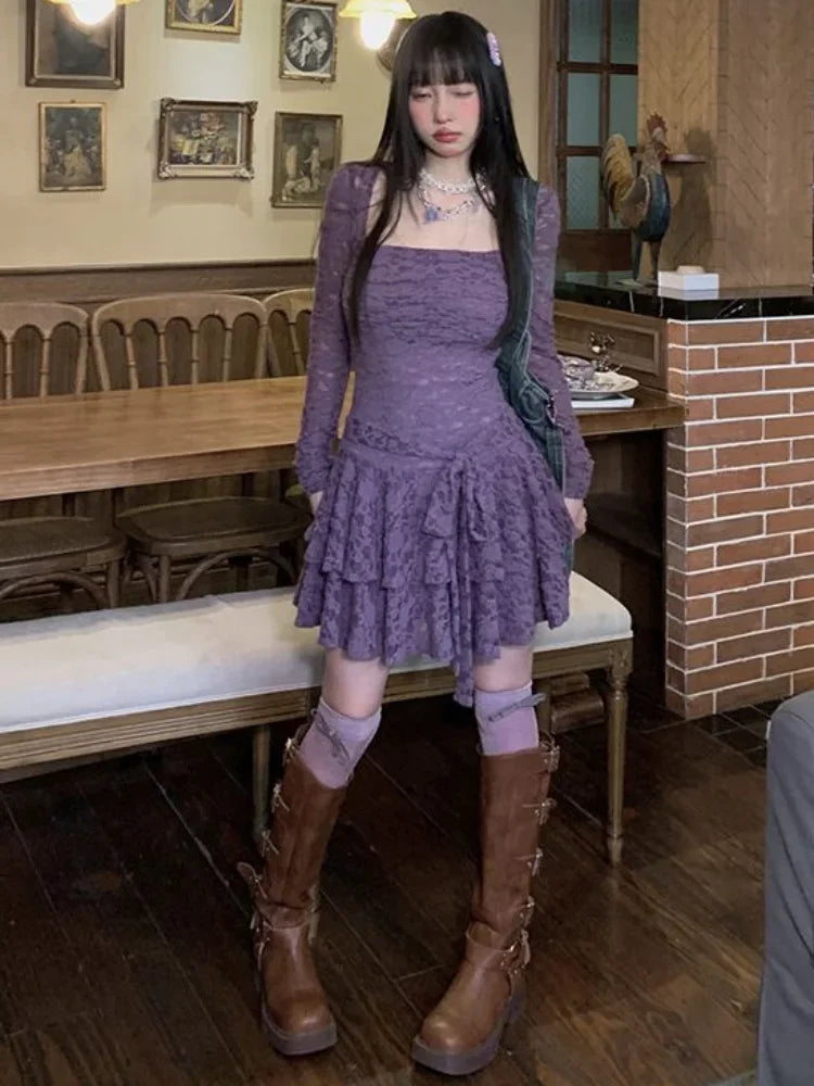 Lace-Inspired Slim-Waist Y2K Tunic Dress