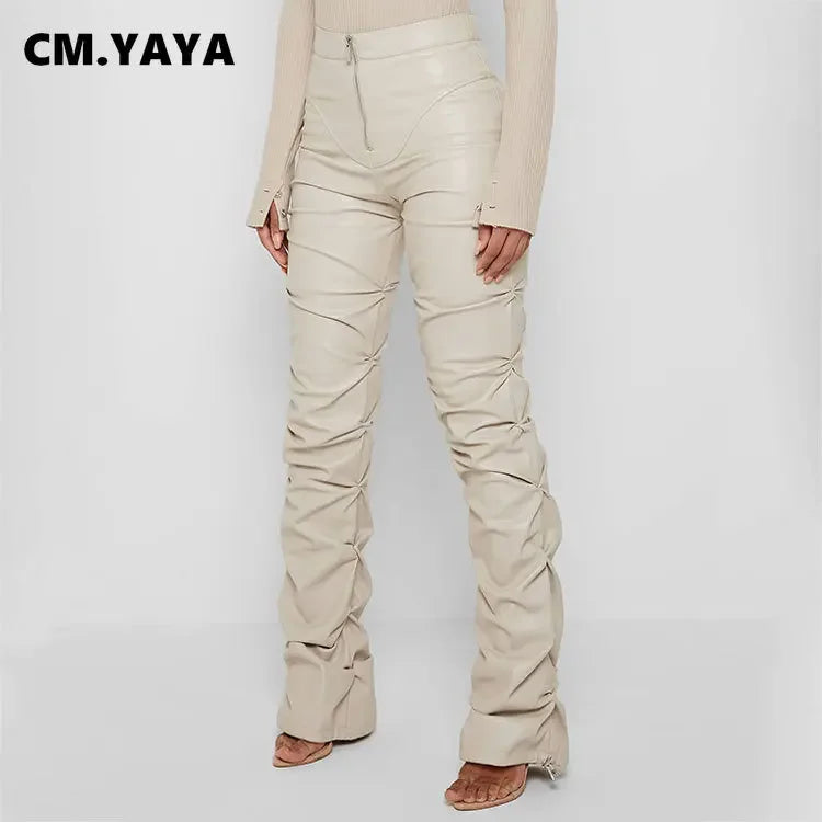 Pleated Faux Leather Skinny Pants for Women