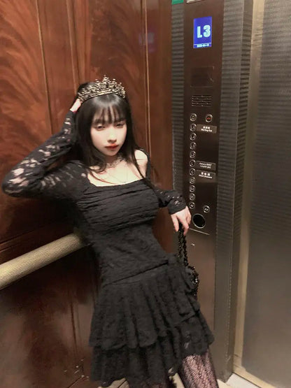 Lace-Inspired Slim-Waist Y2K Tunic Dress