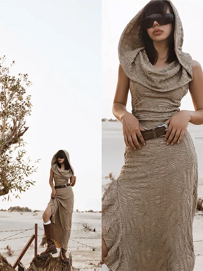 Desert Chic: 2-Piece Hooded Dress & Oversleeves Set