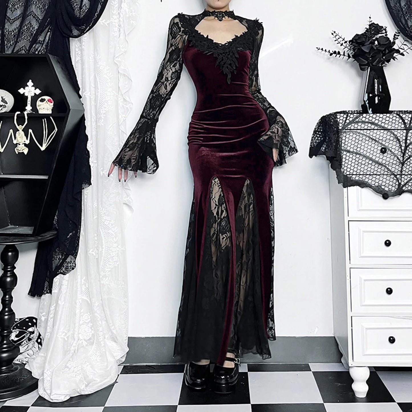 Gothic Rose Lace Plaid Mini Dress - Punk Vibe