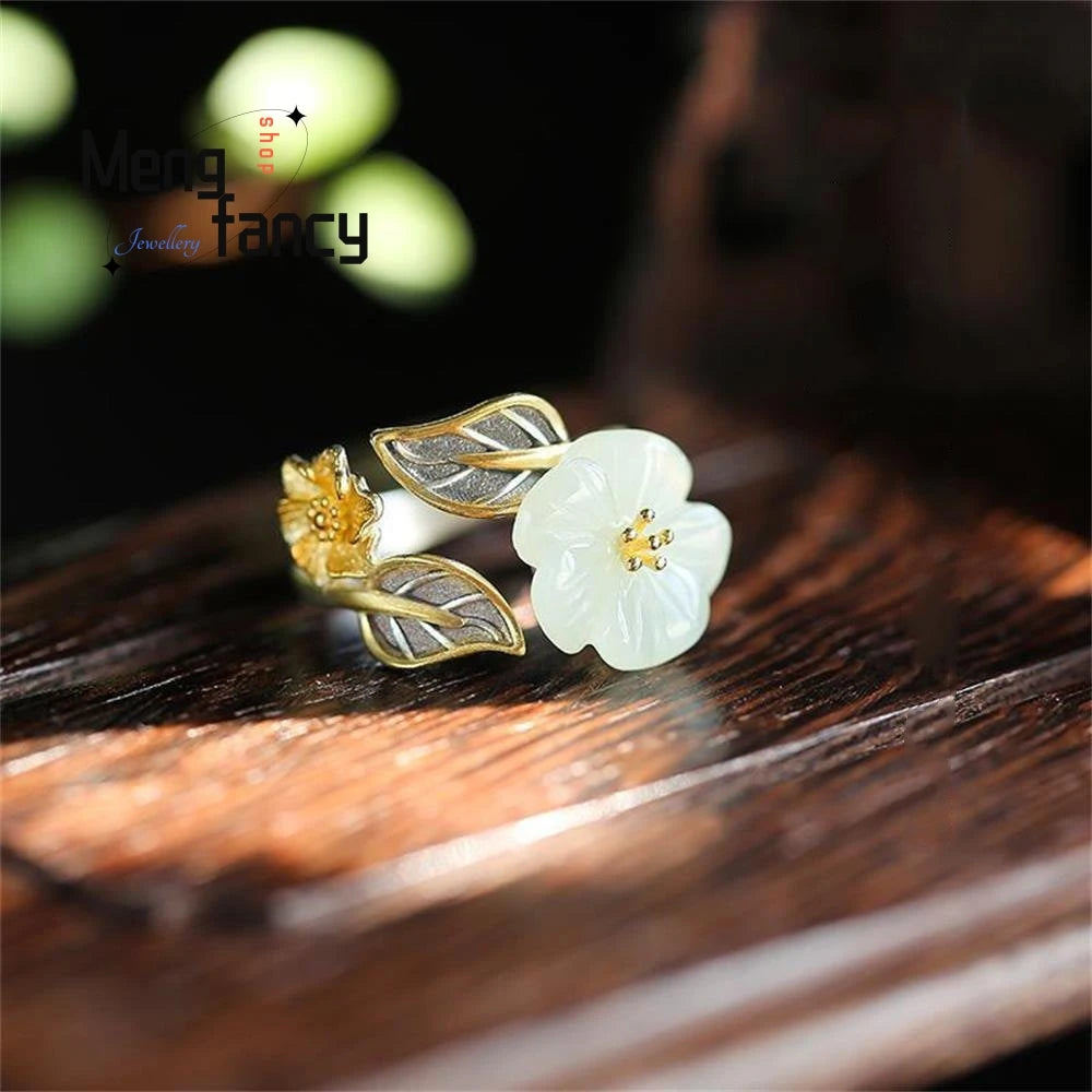 Jade Blossom Silver Eternity Adjustable Ring