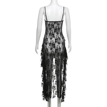 Waist Ruffled Split Black Dress