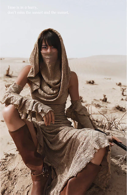 Desert Chic: 2-Piece Hooded Dress & Oversleeves Set