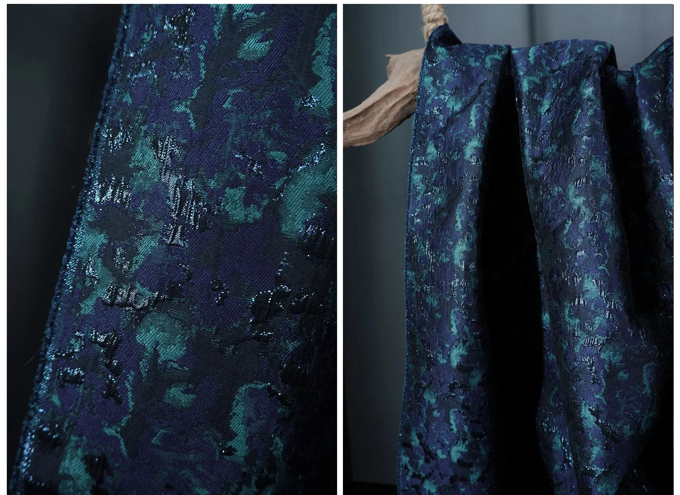 Navy Aqua Floral Jacquard Fabric for Dressmaking