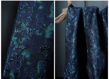 Navy Aqua Floral Jacquard Fabric for Dressmaking