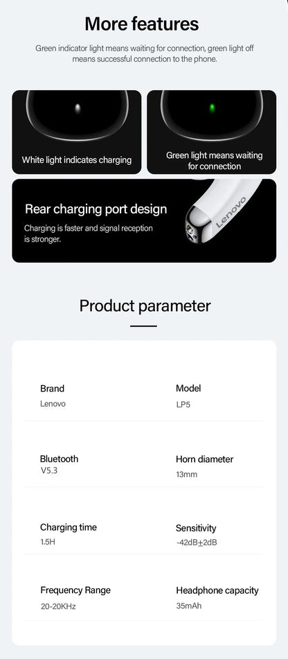 Lenovo LP5 Wireless HiFi Earbuds - Sports, Comfort, and Durability