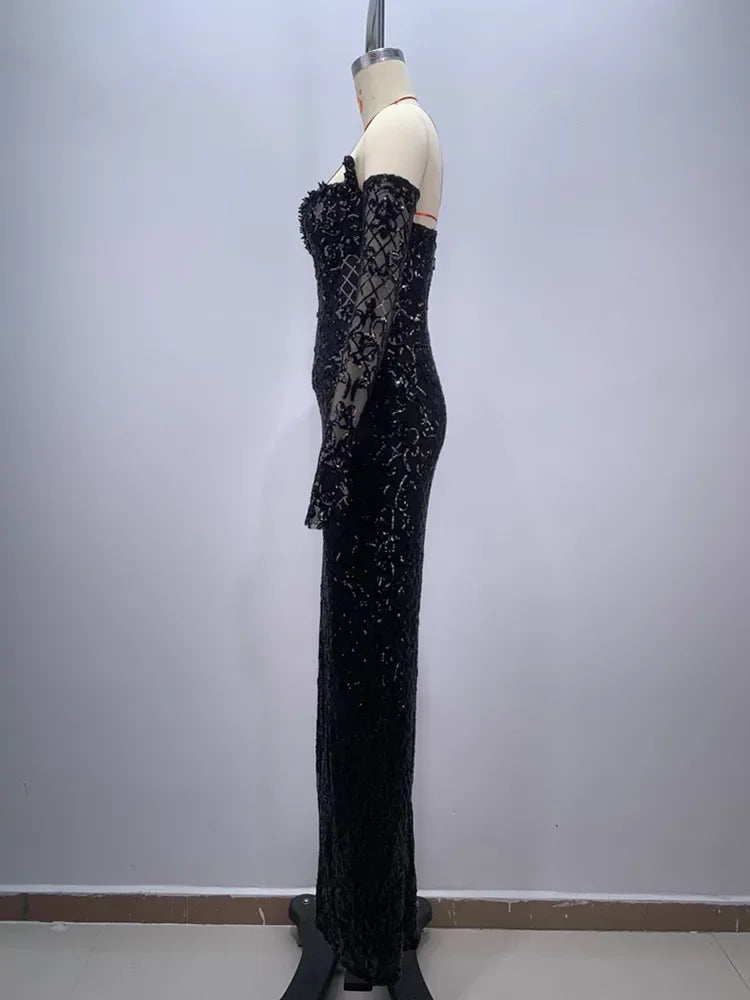 Elegant Black V-Neck Maxi Dress with Gloves & Sequins