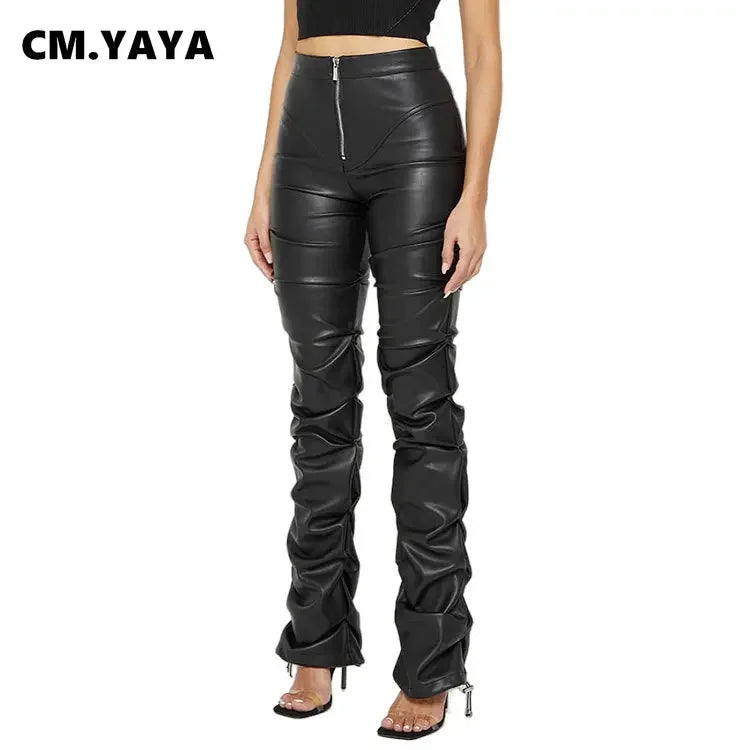 Pleated Faux Leather Skinny Pants for Women