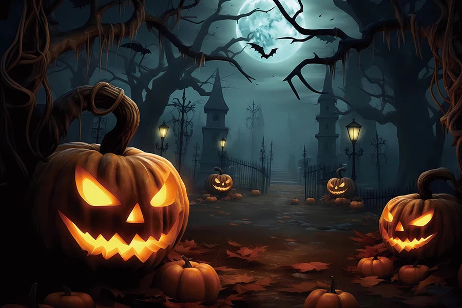 Moonlit Feline: Halloween Bat Castle Backdrop