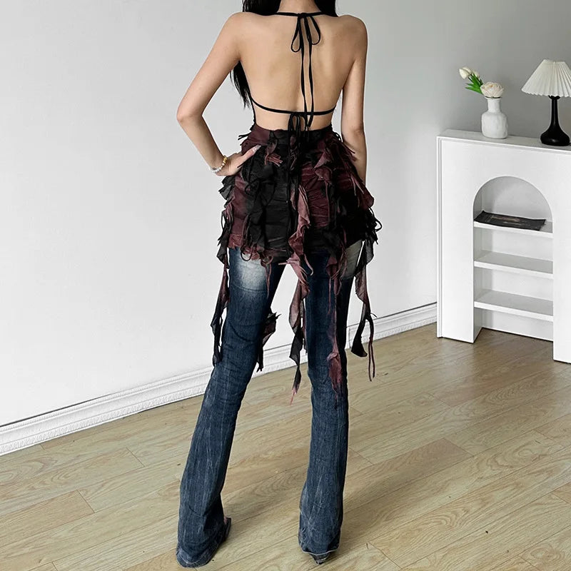 Retro Gradient Summer Halter Dress with Tassels