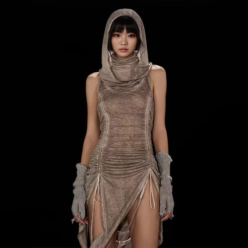 Dusk Charm Hooded Drawstring Dress