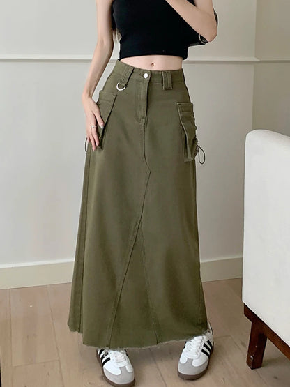 Cargo Denim High Waist Long Jeans Skirt