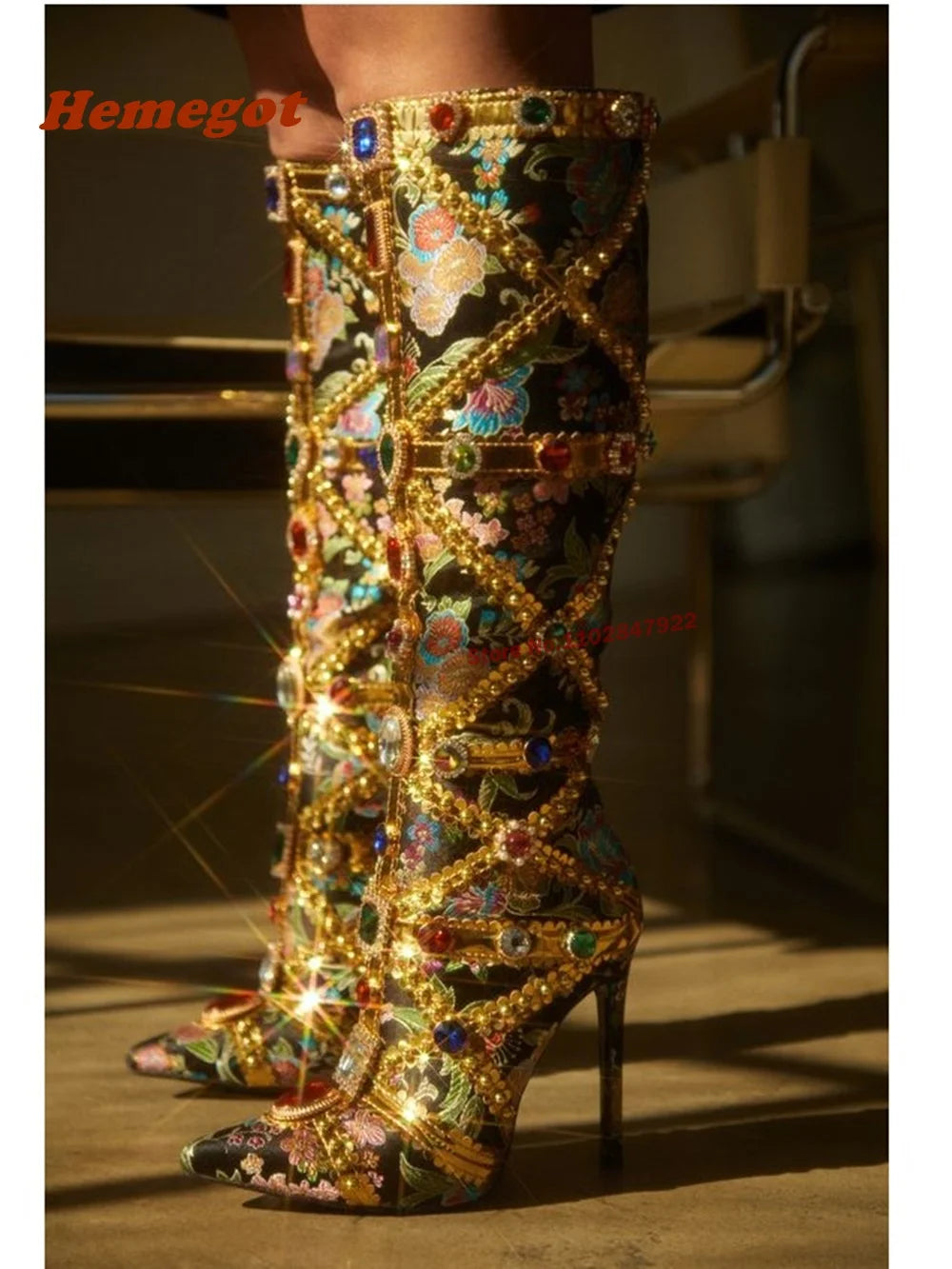Pointed Toe Knee High Boots Rhinestones Design