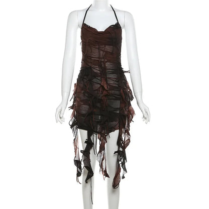 Retro Gradient Summer Halter Dress with Tassels