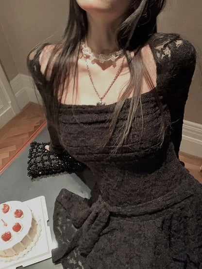 Lace-Inspired Slim-Waist Y2K Tunic Dress