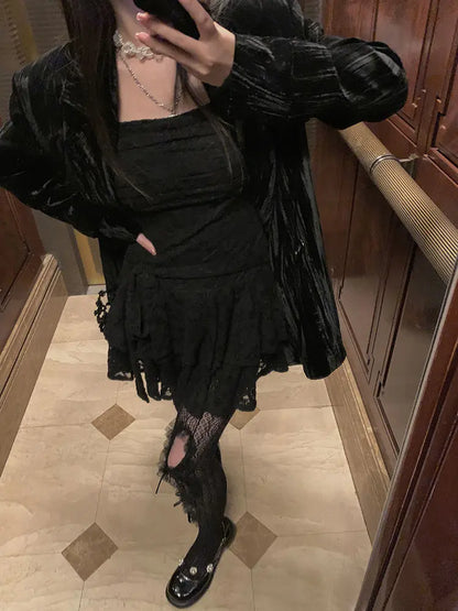 Lace-Inspired Slim-Waist Y2K Tunic Dress