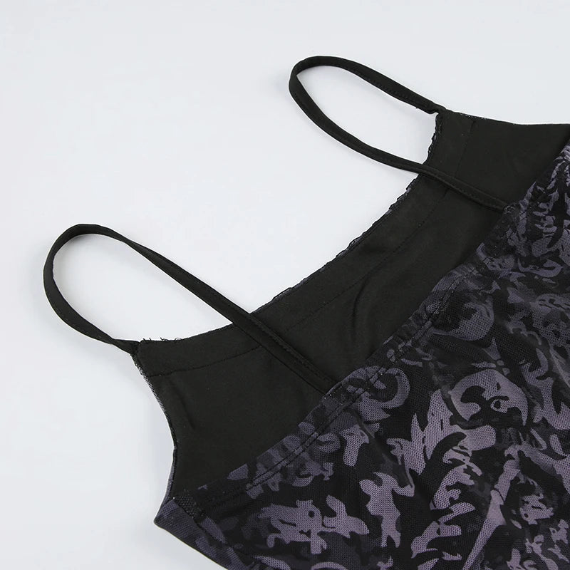 Dark Printed Lace Trim Mesh Dress