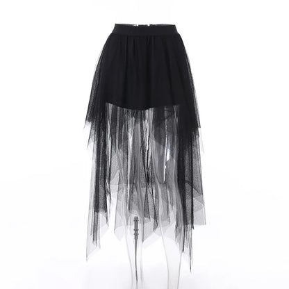 Gothic Mesh High-Waisted Asymmetrical Skirt