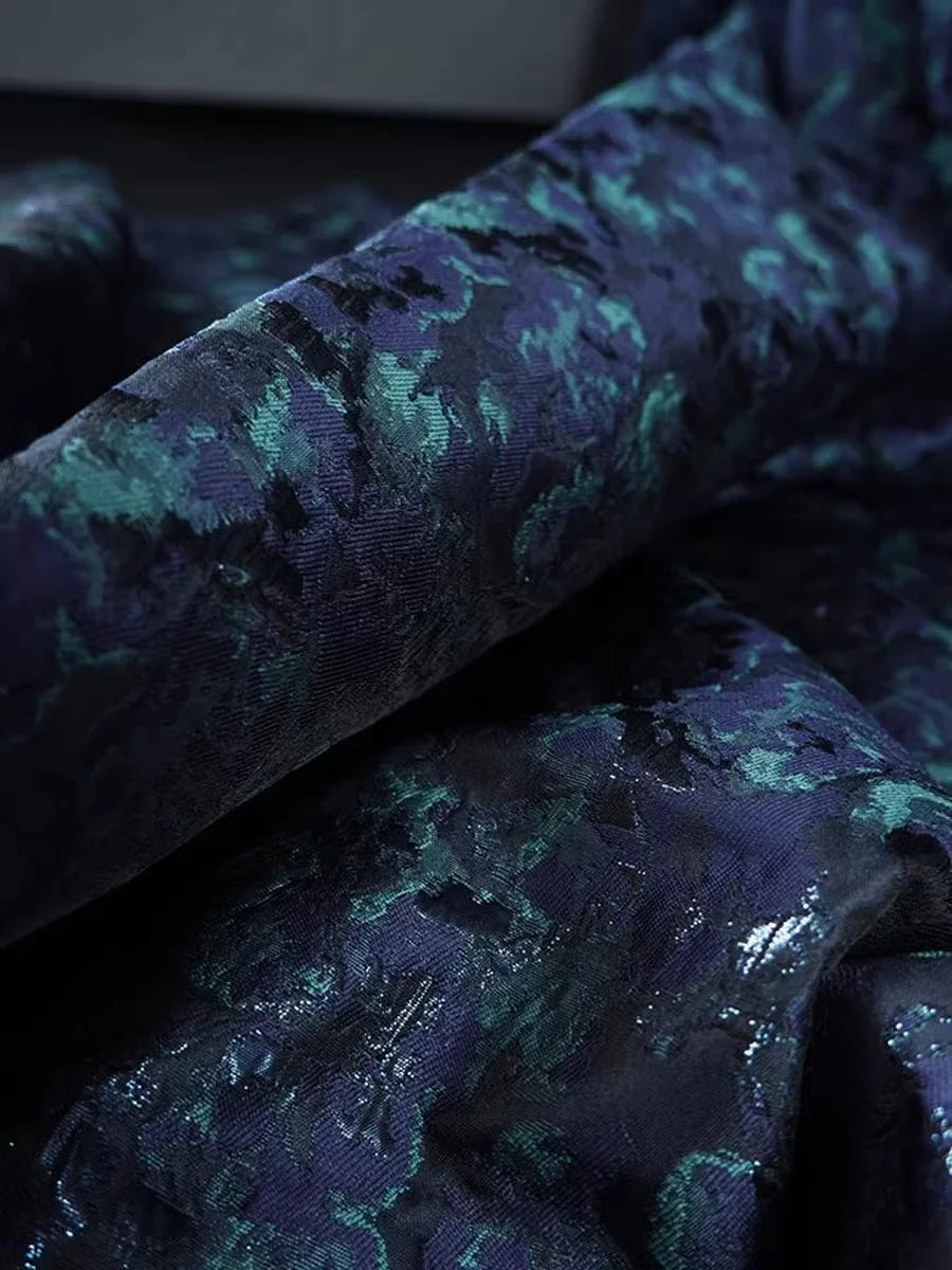 Navy Aqua Floral Jacquard Fabric for Dressmaking