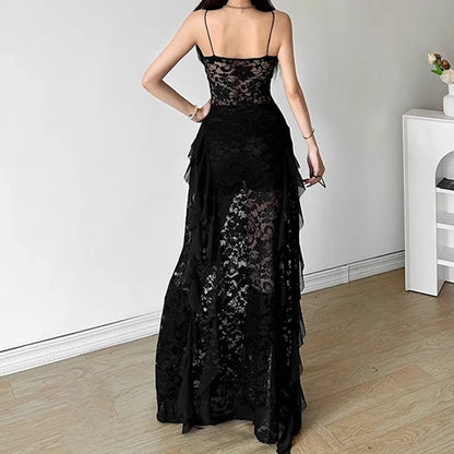 Luxe Lace V-Neck Ruffle Evening Dress