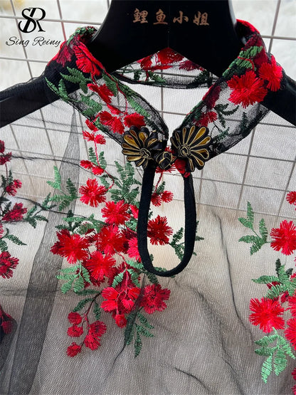 Floral Elegance: Chinese Style Mid-Calf Dress