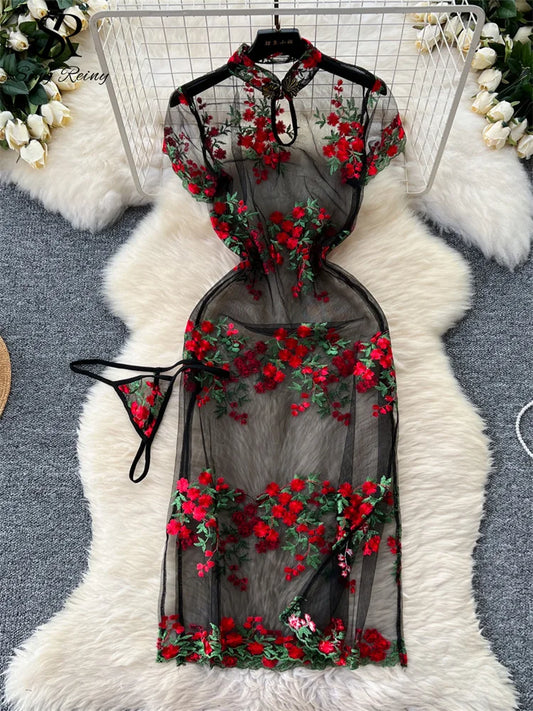 Floral Elegance: Chinese Style Mid-Calf Dress