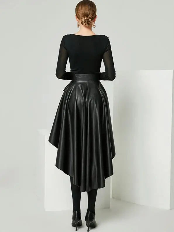 New PU leather skirt women irregular long skirt