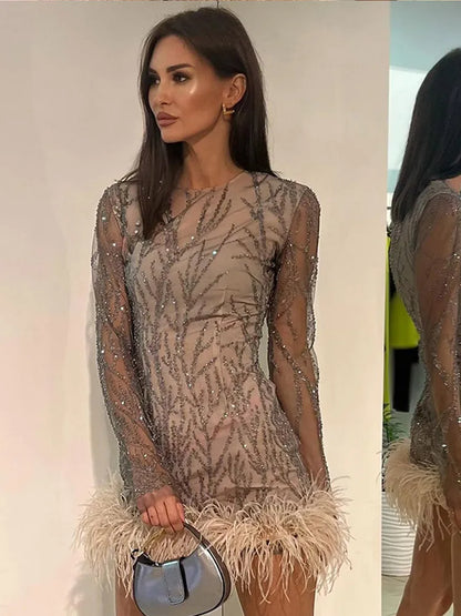 Product Name: Luxe Feather Sequin Mini Dress