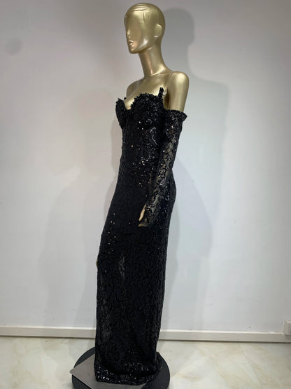 Elegant Black V-Neck Maxi Dress with Gloves & Sequins