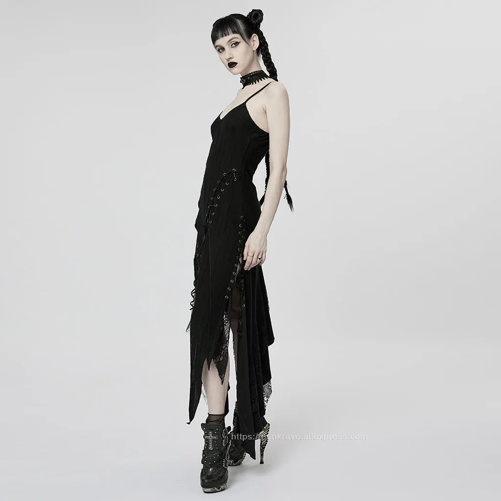Gothic Elegance: Irregular Mesh Slip Dress