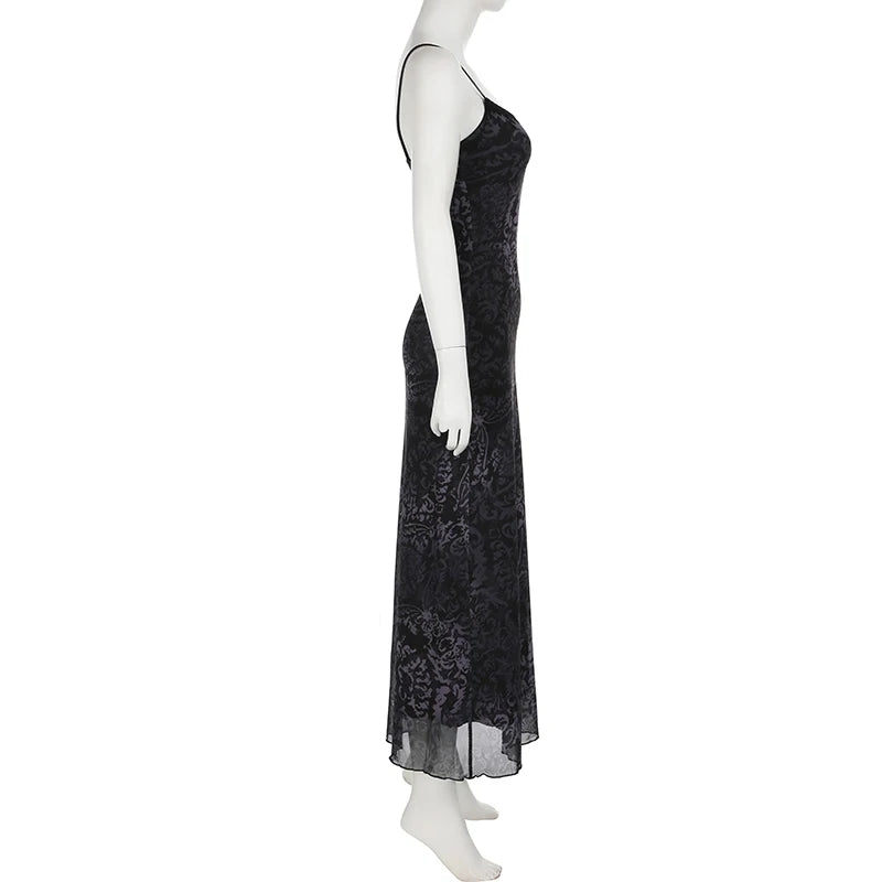 Dark Printed Lace Trim Mesh Dress