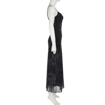 Dark Printed Lace Trim Mesh Dress