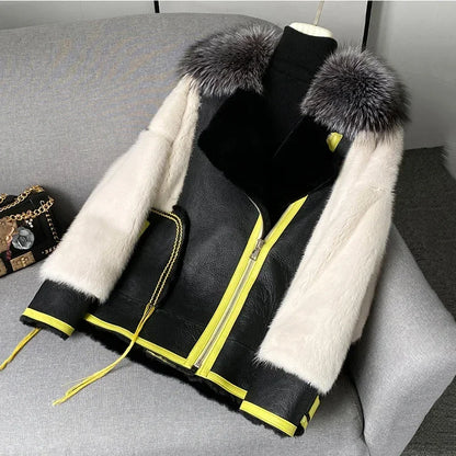 Bomber Jacket with Real Mink Fur Sleeve Natural Silver Fox