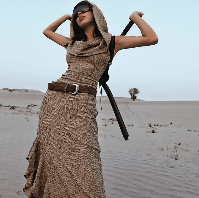 Desert Chic: 2-Piece Hooded Dress & Oversleeves Set