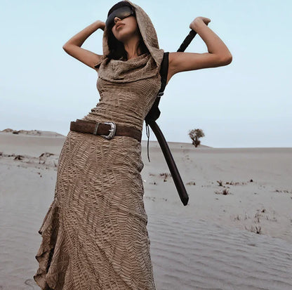 Desert Chic: 2-Piece Hooded Dress & Oversleeves Set