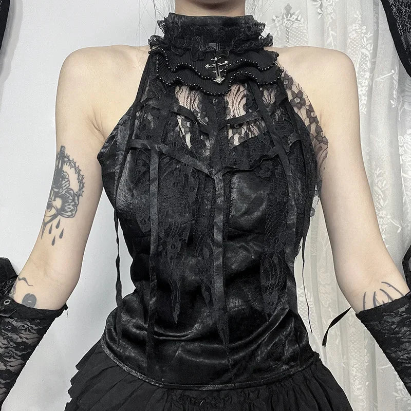 Nostalgic Lace Gothic Crop Tank for Retro Street Style