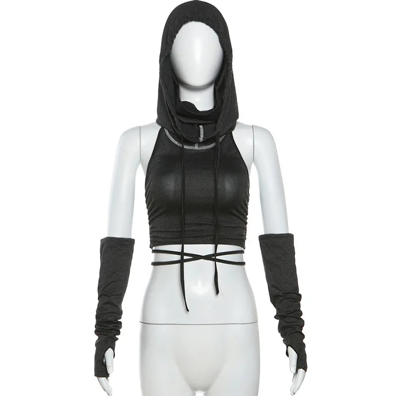 Neo-Gothic Hooded Shorts Set for Bold Women