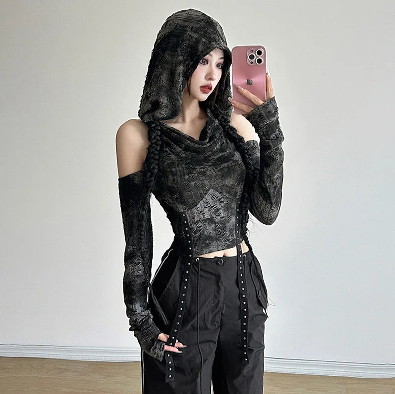 Gothic Hooded Short Sleeve Top for All Seasons