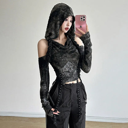 Gothic Hooded Short Sleeve Top for All Seasons