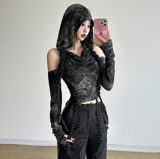Gothic Hooded Short Sleeve Top for All Seasons