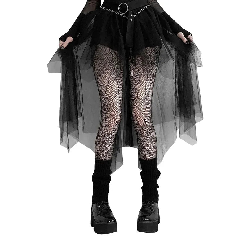 Gothic Mesh High-Waisted Asymmetrical Skirt