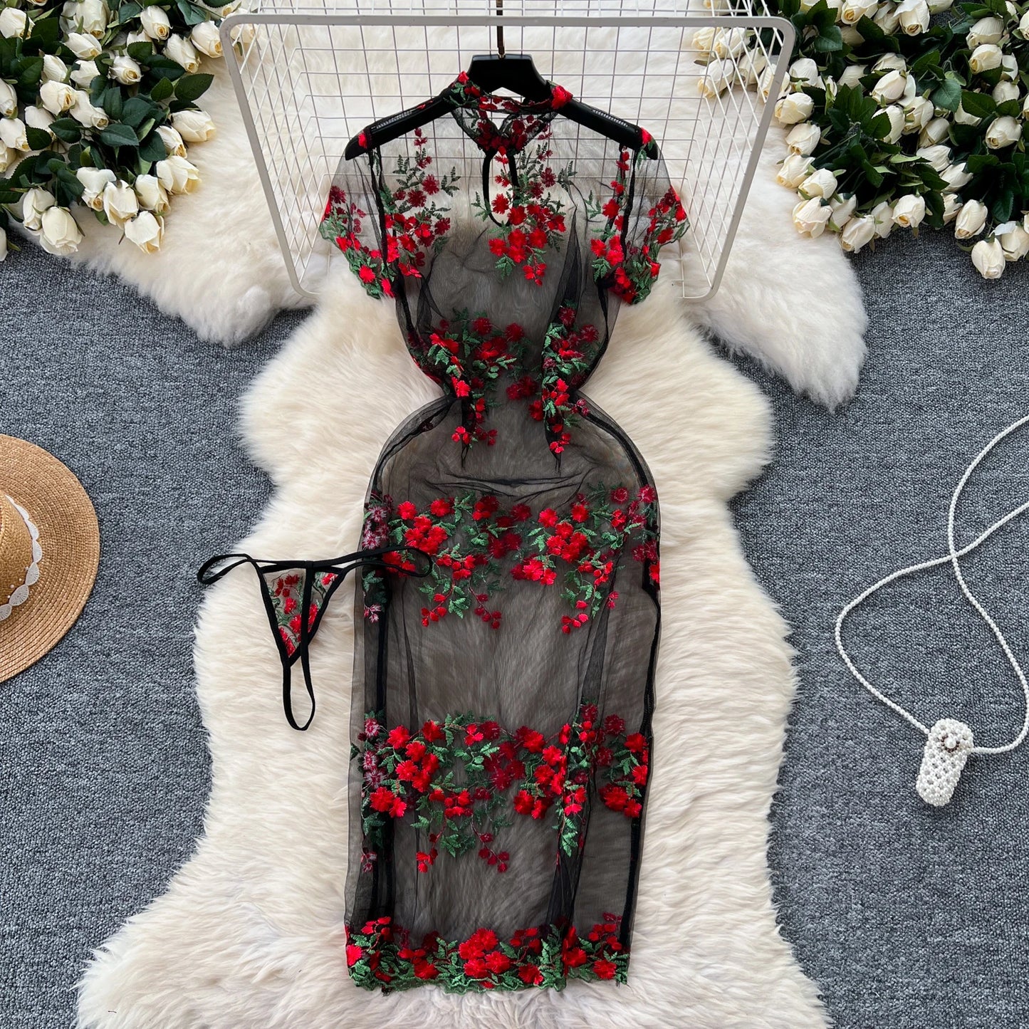 Floral Elegance: Chinese Style Mid-Calf Dress