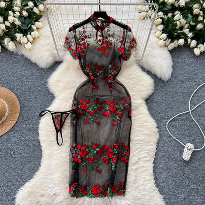 Floral Elegance: Chinese Style Mid-Calf Dress