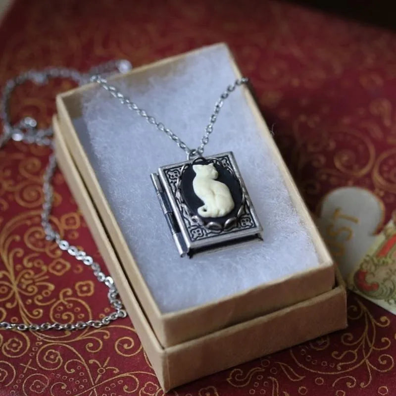 Gothic Grimoire Cat Cameo Pendant Necklace for Women