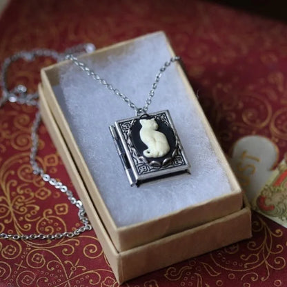Gothic Grimoire Cat Cameo Pendant Necklace for Women