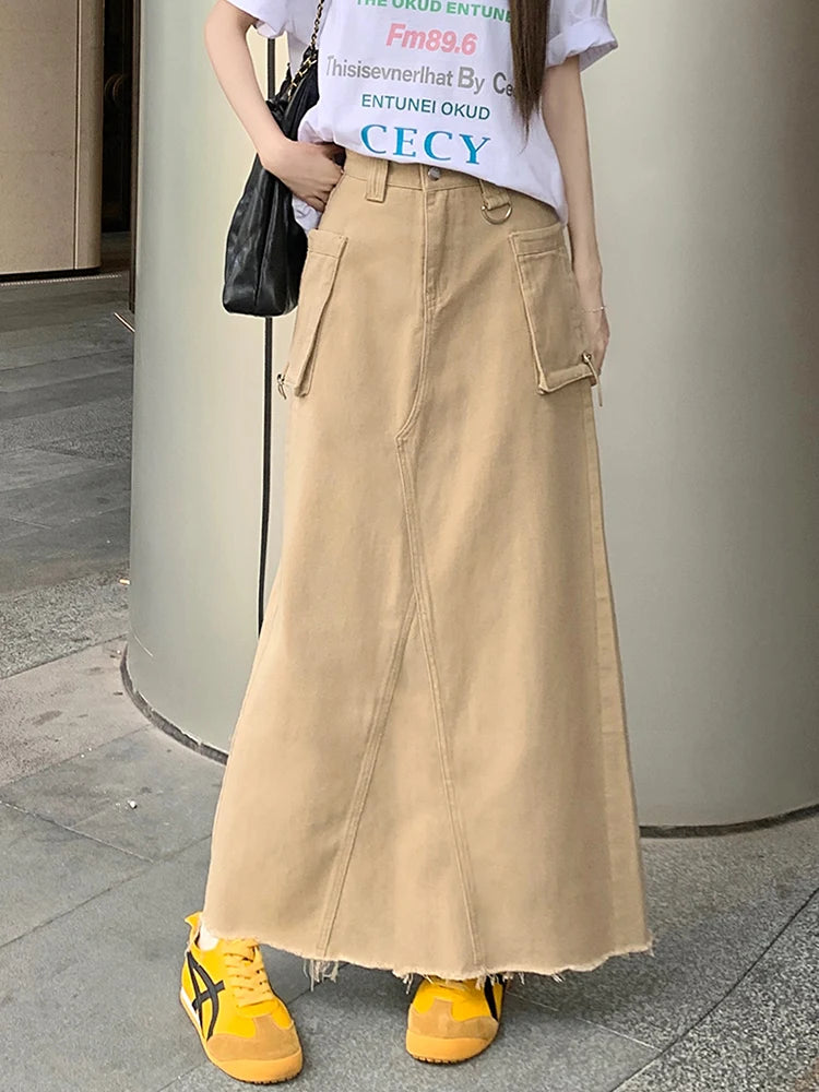 Cargo Denim High Waist Long Jeans Skirt