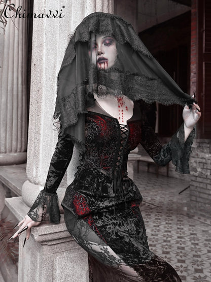 Gothic Velvet Slim Fit Lace Fishtail Dress for Women