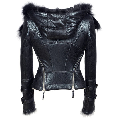 Chic Windproof PU Fleece Hooded Jacket for Women