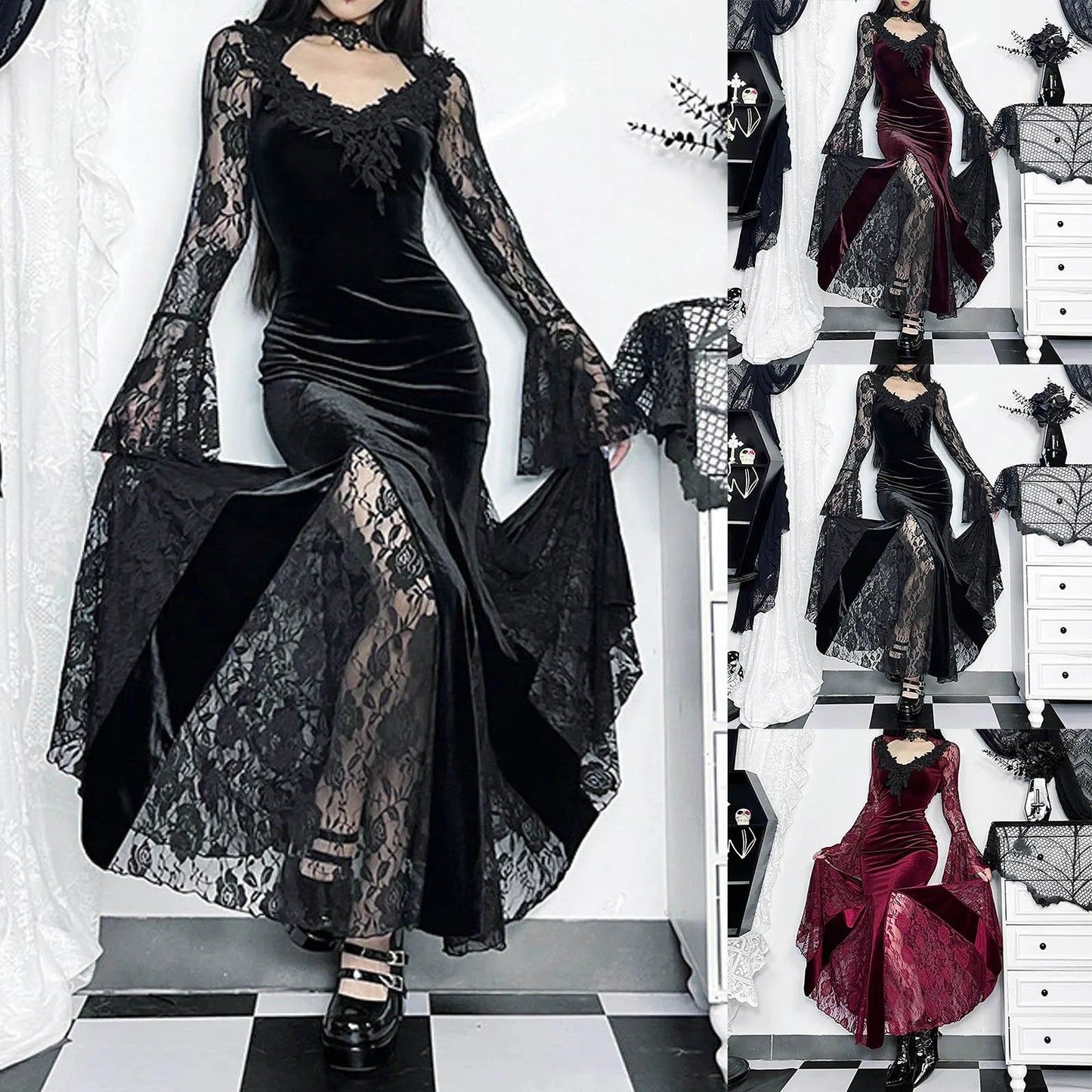 Gothic Rose Lace Plaid Mini Dress - Punk Vibe
